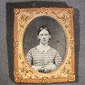 Lot 118 - Antique 1/9th Plate Ambrotype Photograph, Uncased, Portrait Of A Young Woman In Plaid Dress With White Collar, Photographed At Geo. L. Brakenridge's Ambrotype & Photograph Saloon, Ware, Massachusetts, Note Cracked Image Plate