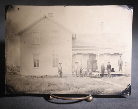 Lot 121 - Antique Half Plate Tintype Photograph Of A Large Family Posed Before A Clapboard Farmhouse With Decorative Porch Trim And Dog