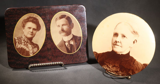Lot 122 - Pair Of Antique Celluloid Photographic Portrait Buttons, Elderly Woman On Round Button With Tin Back And Married Couple On Rectangular Button With Velvet Back