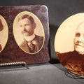 Lot 122 - Pair Of Antique Celluloid Photographic Portrait Buttons, Elderly Woman On Round Button With Tin Back And Married Couple On Rectangular Button With Velvet Back