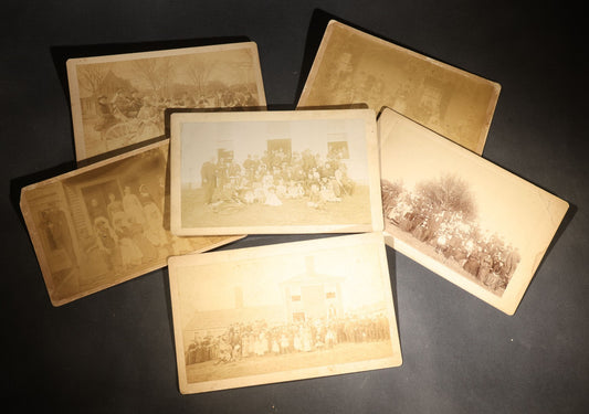 Lot 145 - Grouping Of Six Antique Board-Mounted Photographs Of Large Outdoor Group Gatherings, Including Ox Cart Scene With African American Woman, Porch Group With African American Domestic Staff, And Multi-Generational Assembly Before Farmstead