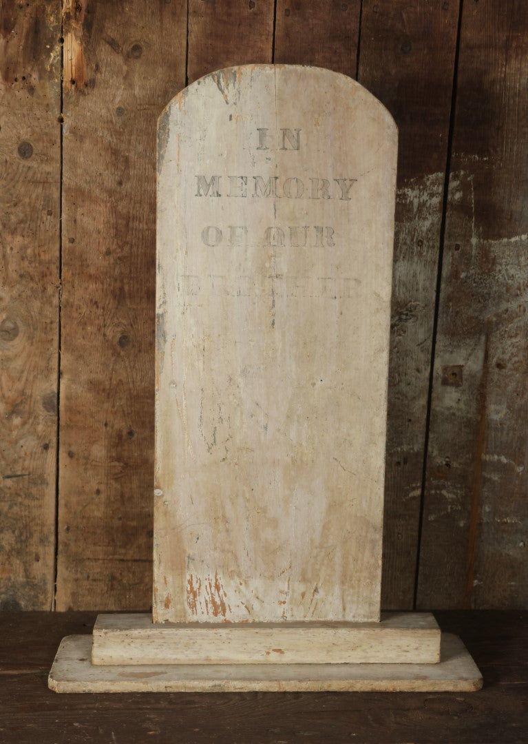 "In Memory Of Our Brother" Folk Art Wooden Fraternal Odd Fellows Gravestone With Faded Hand Painted Lettering