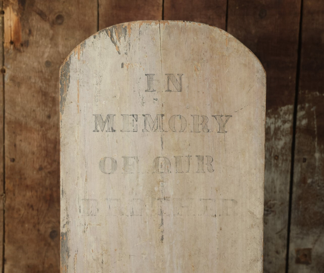 "In Memory Of Our Brother" Folk Art Wooden Fraternal Odd Fellows Gravestone With Faded Hand Painted Lettering