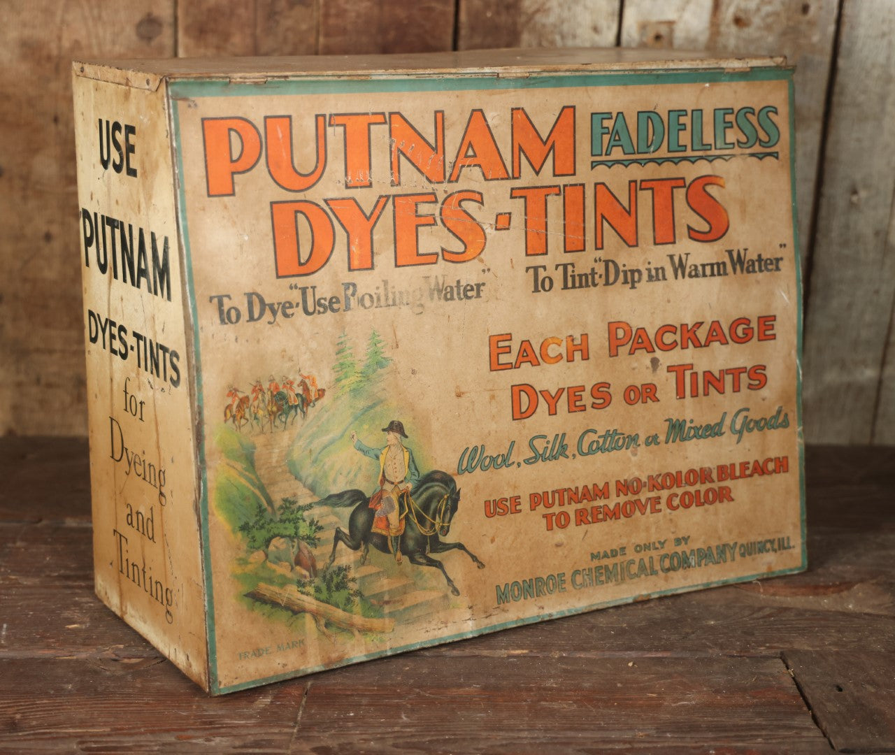 Antique Putnam Fadeless Dyes-Tints Tin Lithograph Store Display With Pin Hole Insert, Minuteman Paul Revere Motif, Monroe Chemical Company