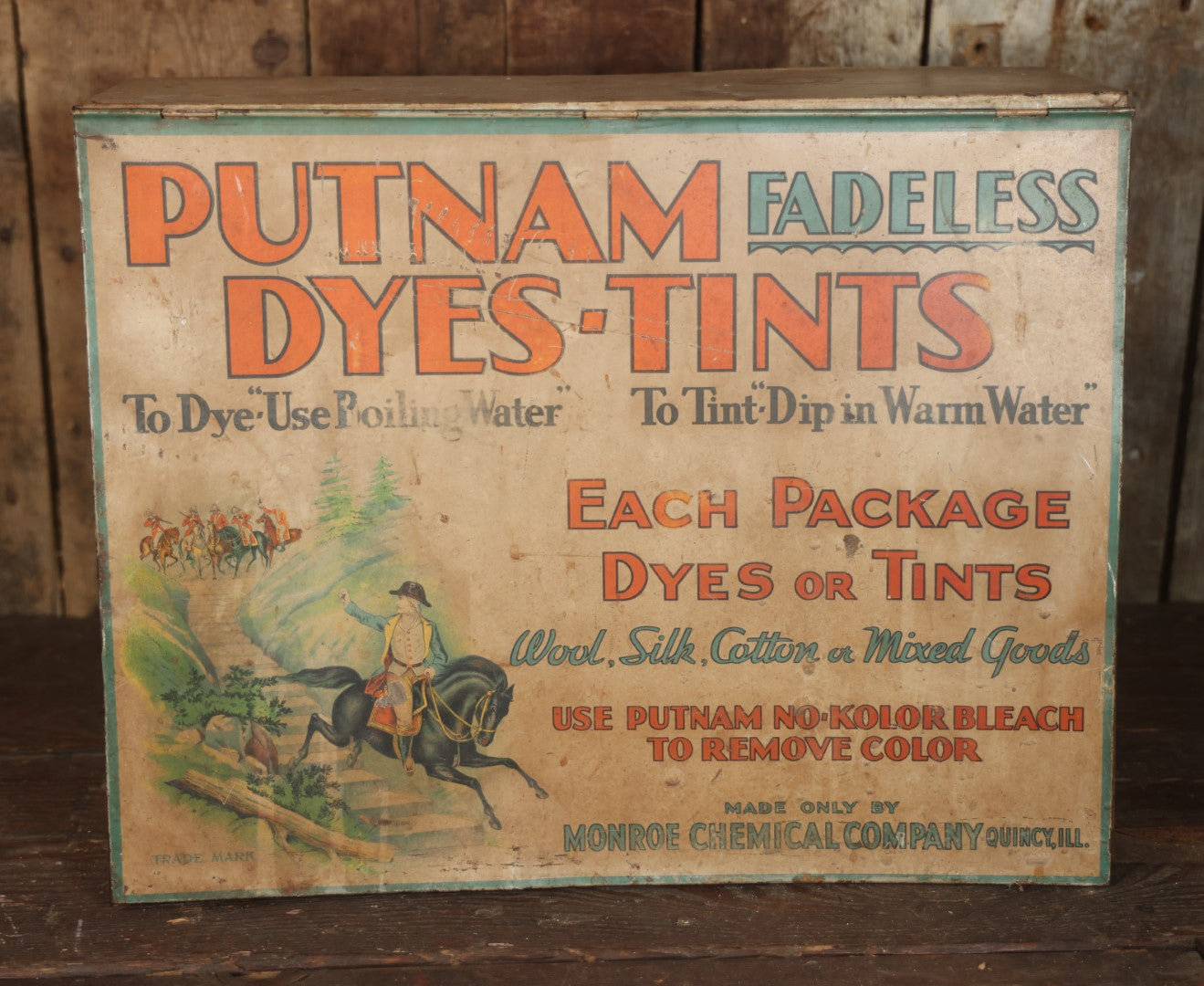 Antique Putnam Fadeless Dyes-Tints Tin Lithograph Store Display With Pin Hole Insert, Minuteman Paul Revere Motif, Monroe Chemical Company