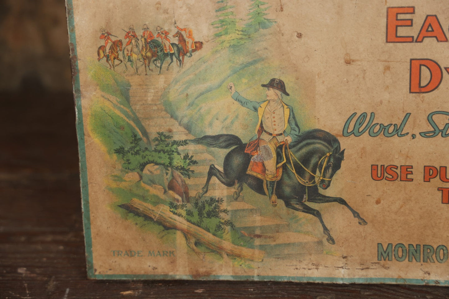 Antique Putnam Fadeless Dyes-Tints Tin Lithograph Store Display With Pin Hole Insert, Minuteman Paul Revere Motif, Monroe Chemical Company