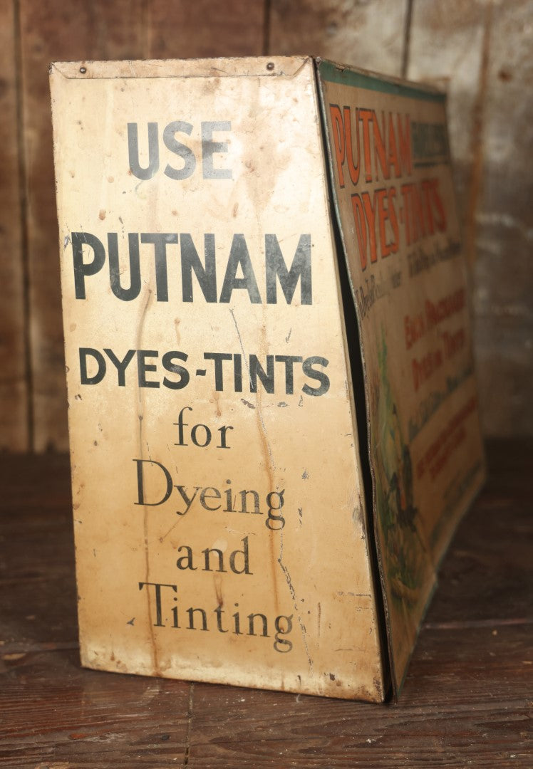 Antique Putnam Fadeless Dyes-Tints Tin Lithograph Store Display With Pin Hole Insert, Minuteman Paul Revere Motif, Monroe Chemical Company