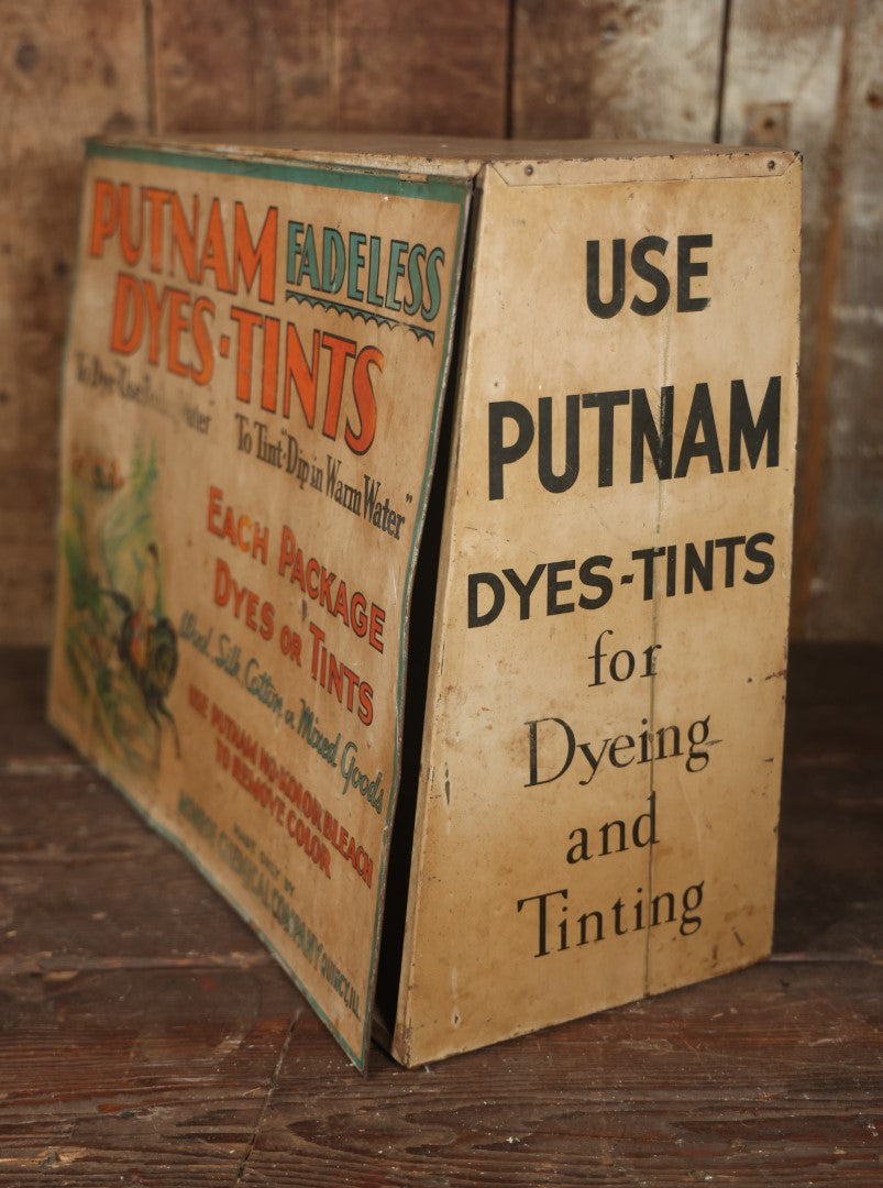 Antique Putnam Fadeless Dyes-Tints Tin Lithograph Store Display With Pin Hole Insert, Minuteman Paul Revere Motif, Monroe Chemical Company