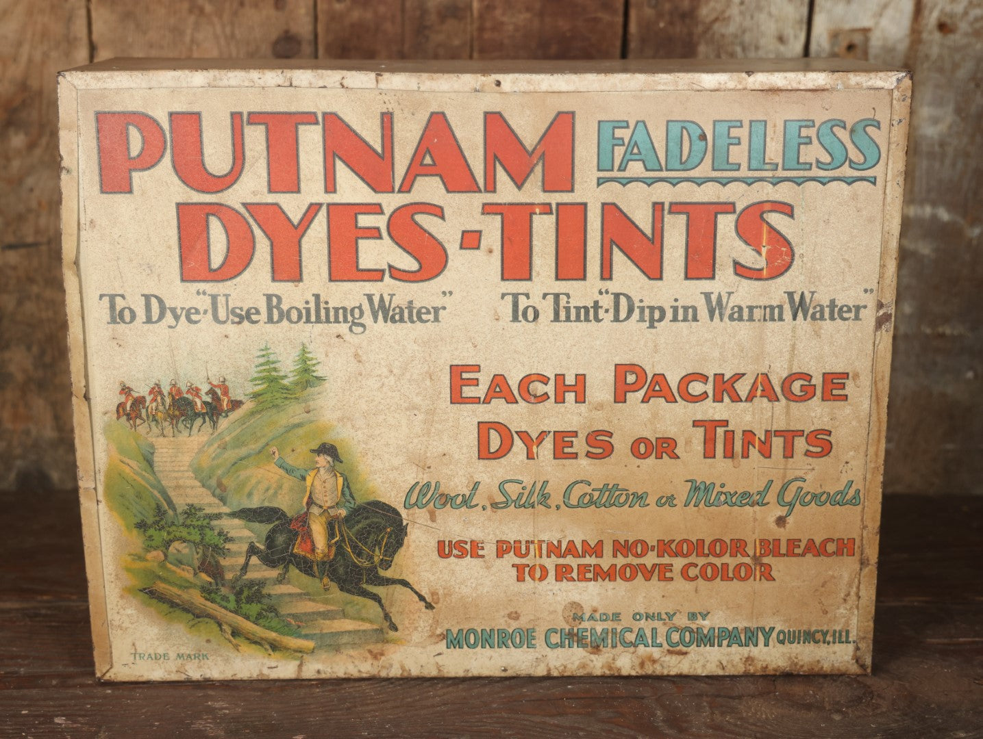 Antique Putnam Fadeless Dyes-Tints Tin Lithograph Store Display With Pin Hole Insert, Minuteman Paul Revere Motif, Monroe Chemical Company