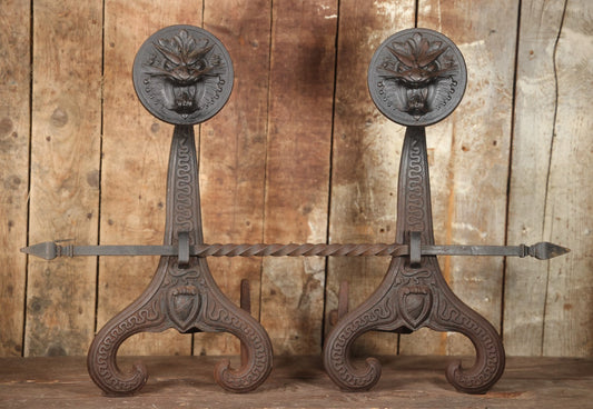 Pair Antique Cast Iron Bradley And Hubbard Dragon Face Andirons #9509 With Crossbar, Patented 1896