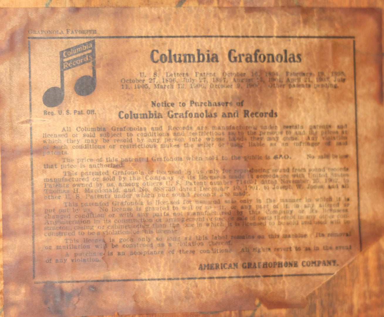 Antique Columbia Grafonola "Favorite" Model Acoustic Phonograph "Victrola" Record Player, Plays 78 R.P.M. Records, Includes Two Records And Needles, Circa 1906, Working Condition