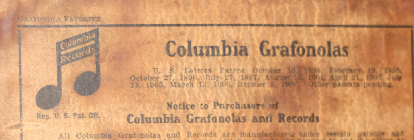 Antique Columbia Grafonola "Favorite" Model Acoustic Phonograph "Victrola" Record Player, Plays 78 R.P.M. Records, Includes Two Records And Needles, Circa 1906, Working Condition