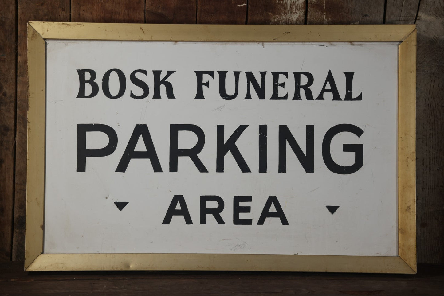 Vintage Funeral Home Sign, Hand Painted, Parking Area, Bosk Funeral Home, Fitchburg, Massachusetts, Double Sided Tin & Wood, 35" x 22-1/4"