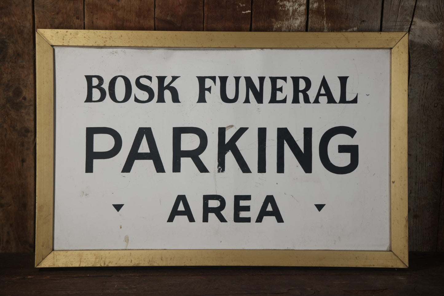 Vintage Funeral Home Sign, Hand Painted, Parking Area, Bosk Funeral Home, Fitchburg, Massachusetts, Double Sided Tin & Wood, 35" x 22-1/4"