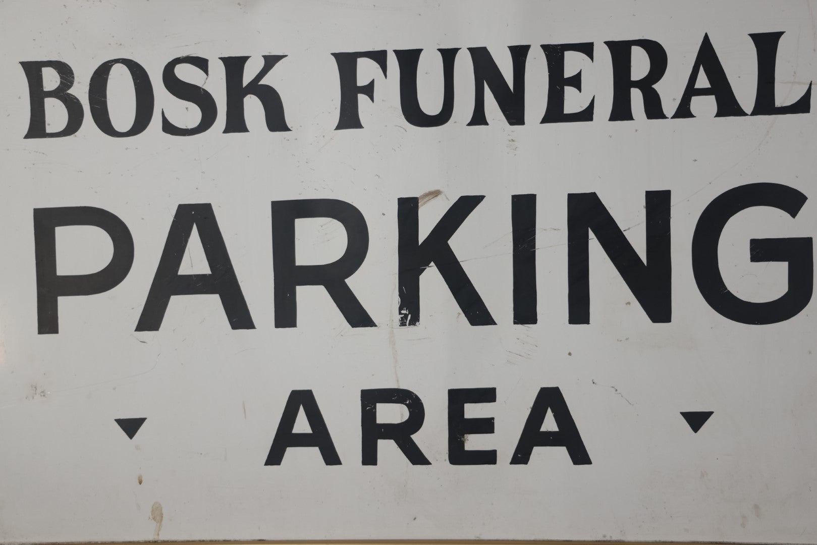 Vintage Funeral Home Sign, Hand Painted, Parking Area, Bosk Funeral Home, Fitchburg, Massachusetts, Double Sided Tin & Wood, 35" x 22-1/4"