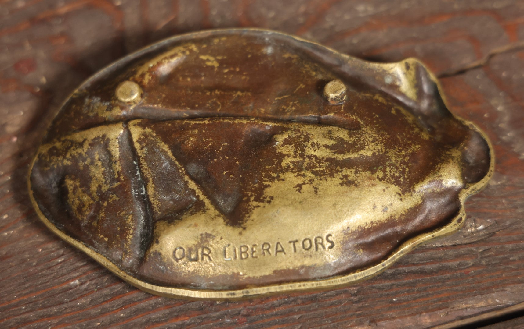 Vintage "Our Liberators" World War Ii Era Cast Metal Tray, Change Dish, Soldier Rushing Into Battle Wearing Helmet