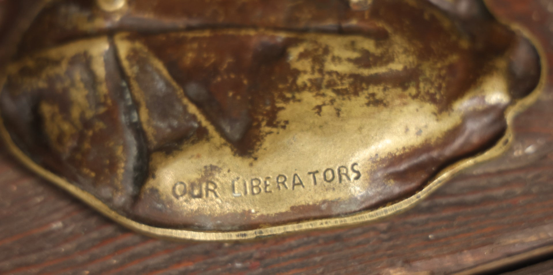 Vintage "Our Liberators" World War Ii Era Cast Metal Tray, Change Dish, Soldier Rushing Into Battle Wearing Helmet