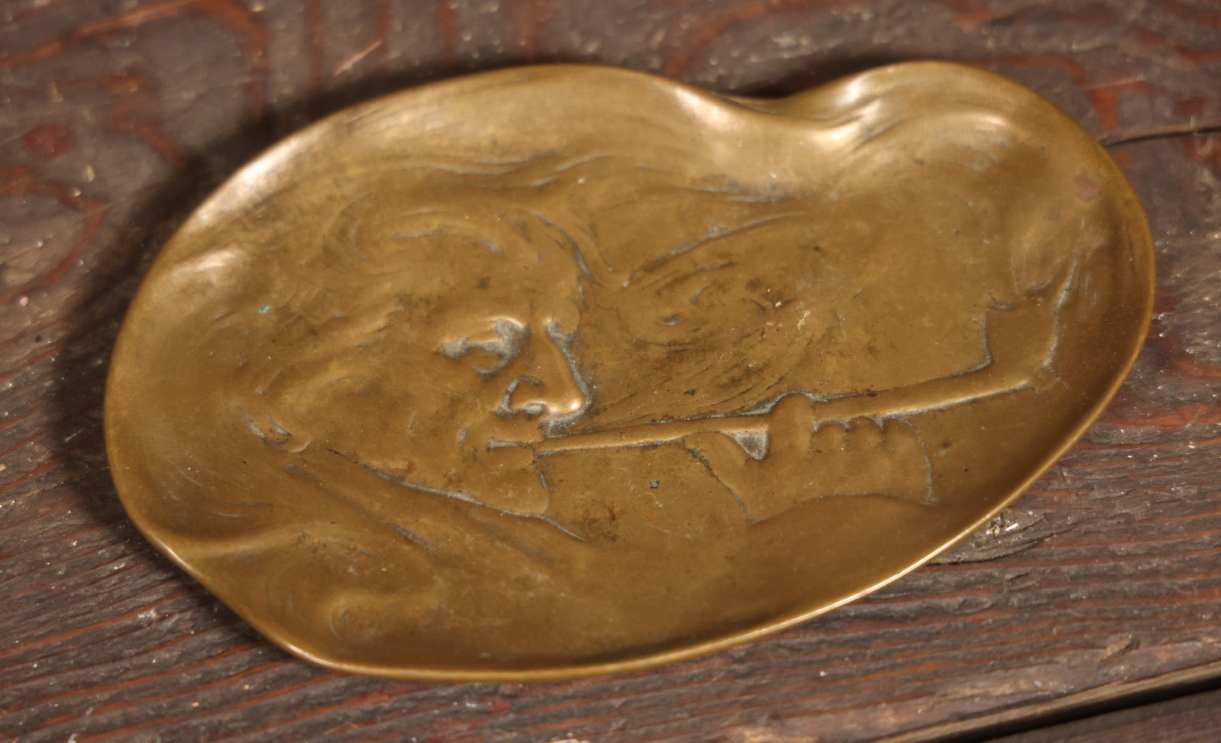 Antique Metamorphic Cast Metal Tray With Man Smoking Pipe, Surrounded By Smoke, Marked E.F. Caldwell & Co., Inc., 6313