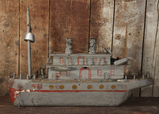 Antique Folk Art Wooden And Mixed Media Ship Boat Ocean Liner Model, Hand Crafted, Hand Painted, Note Heavy Wear