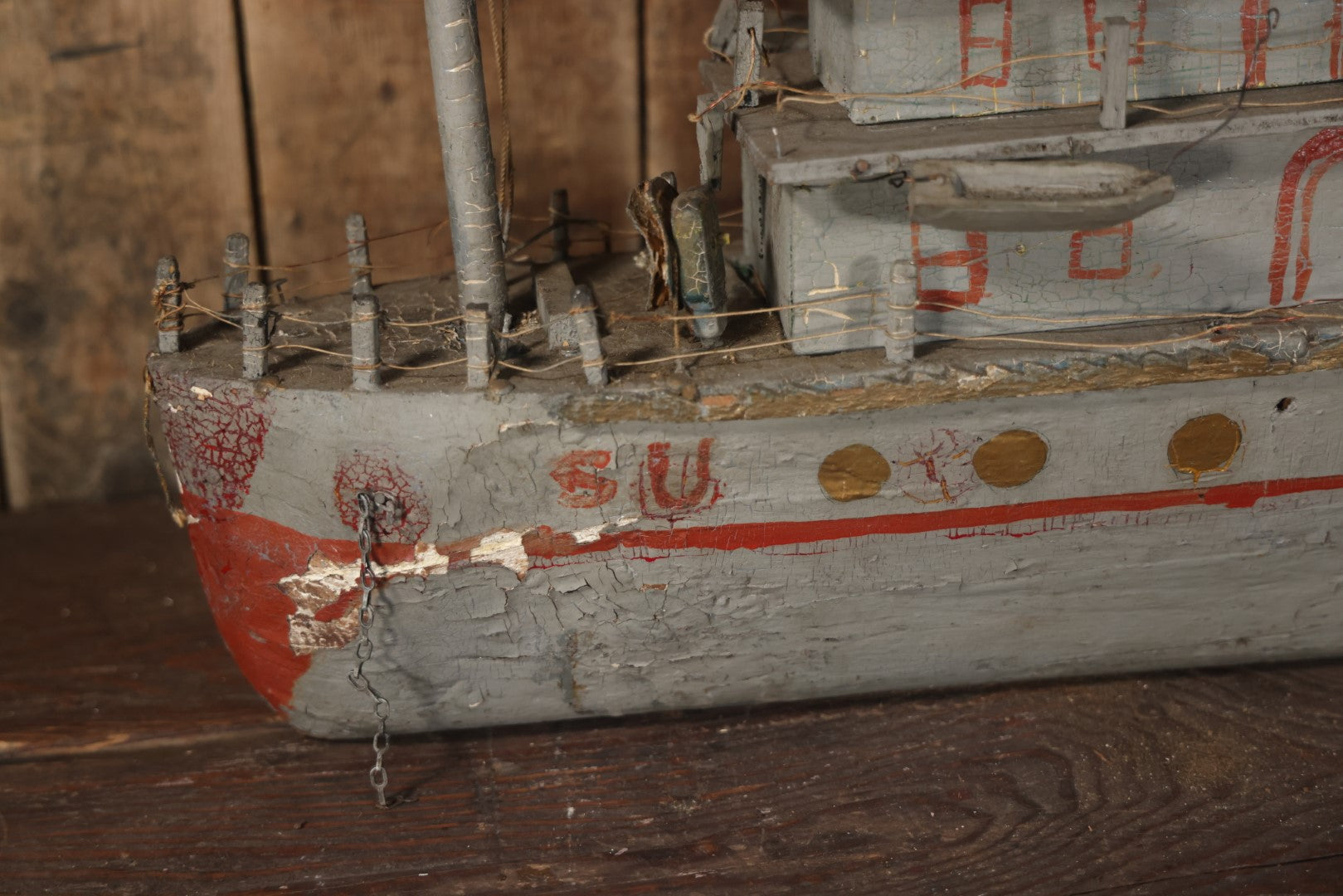 Antique Folk Art Wooden And Mixed Media Ship Boat Ocean Liner Model, Hand Crafted, Hand Painted, Note Heavy Wear