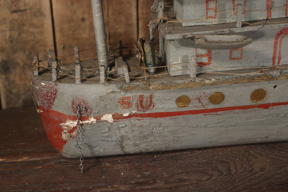 Antique Folk Art Wooden And Mixed Media Ship Boat Ocean Liner Model, H