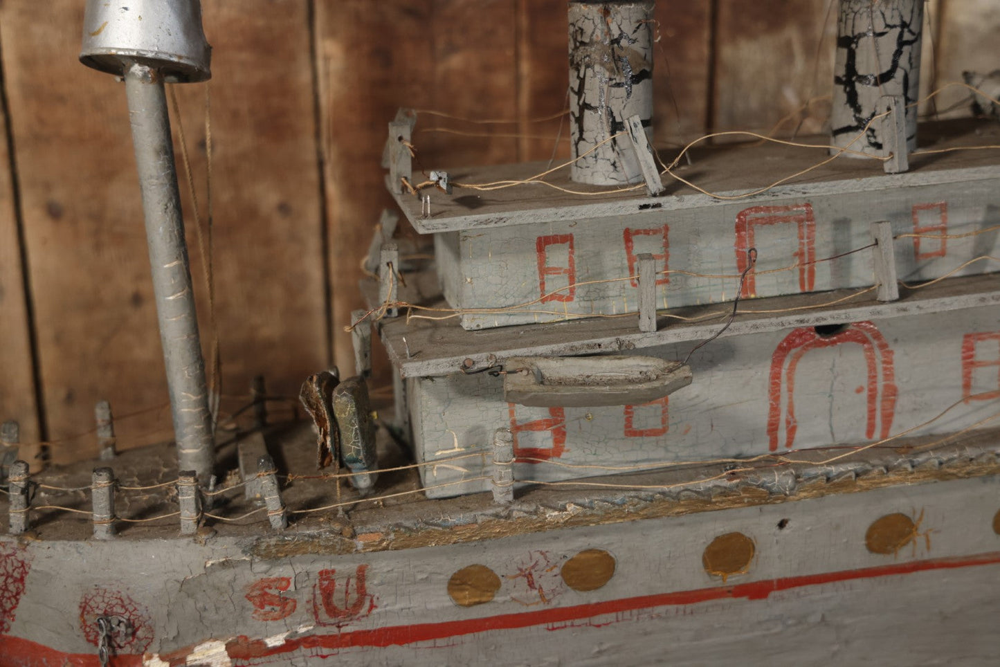 Antique Folk Art Wooden And Mixed Media Ship Boat Ocean Liner Model, Hand Crafted, Hand Painted, Note Heavy Wear