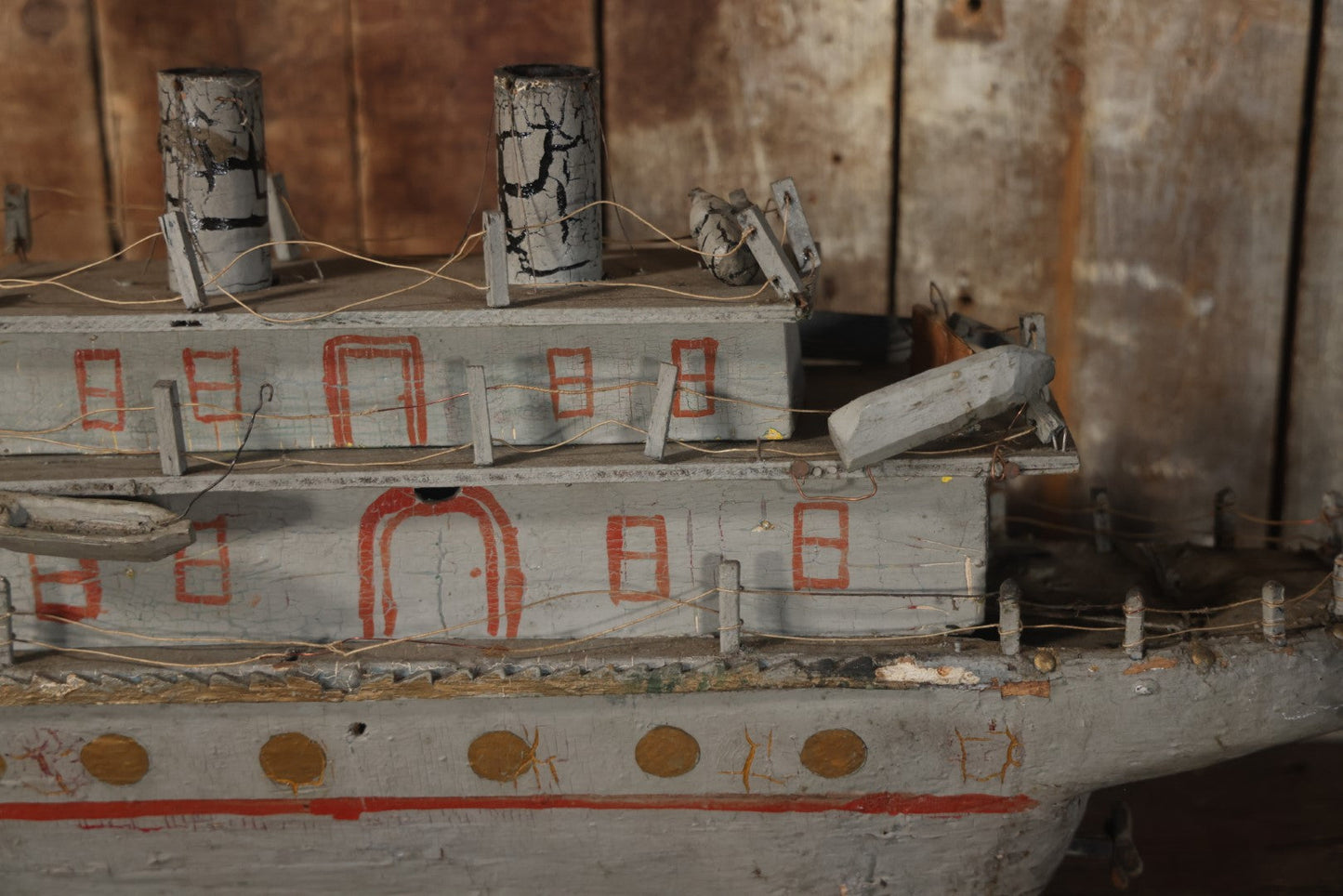 Antique Folk Art Wooden And Mixed Media Ship Boat Ocean Liner Model, Hand Crafted, Hand Painted, Note Heavy Wear