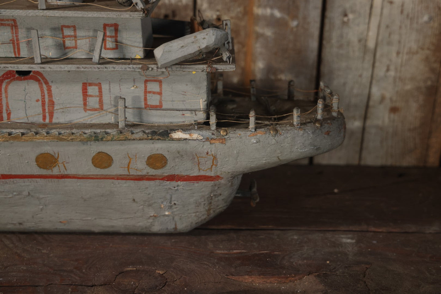 Antique Folk Art Wooden And Mixed Media Ship Boat Ocean Liner Model, Hand Crafted, Hand Painted, Note Heavy Wear