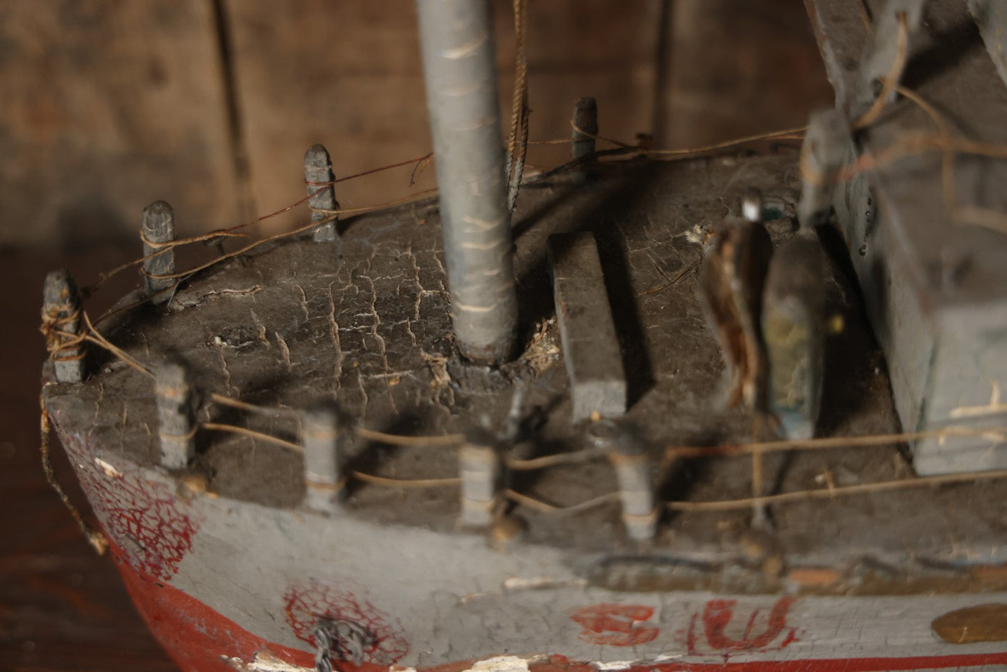 Antique Folk Art Wooden And Mixed Media Ship Boat Ocean Liner Model, Hand Crafted, Hand Painted, Note Heavy Wear