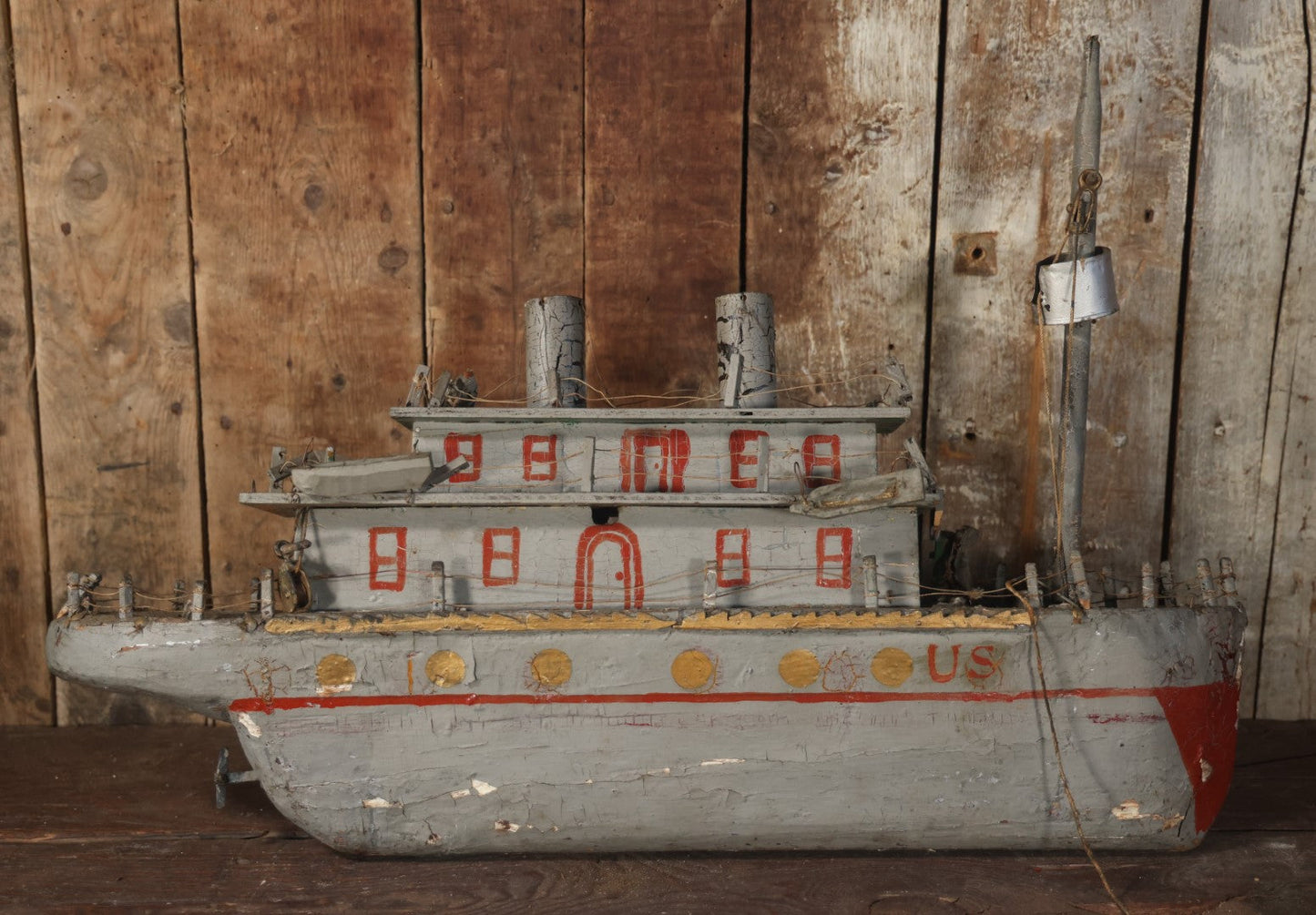 Antique Folk Art Wooden And Mixed Media Ship Boat Ocean Liner Model, Hand Crafted, Hand Painted, Note Heavy Wear