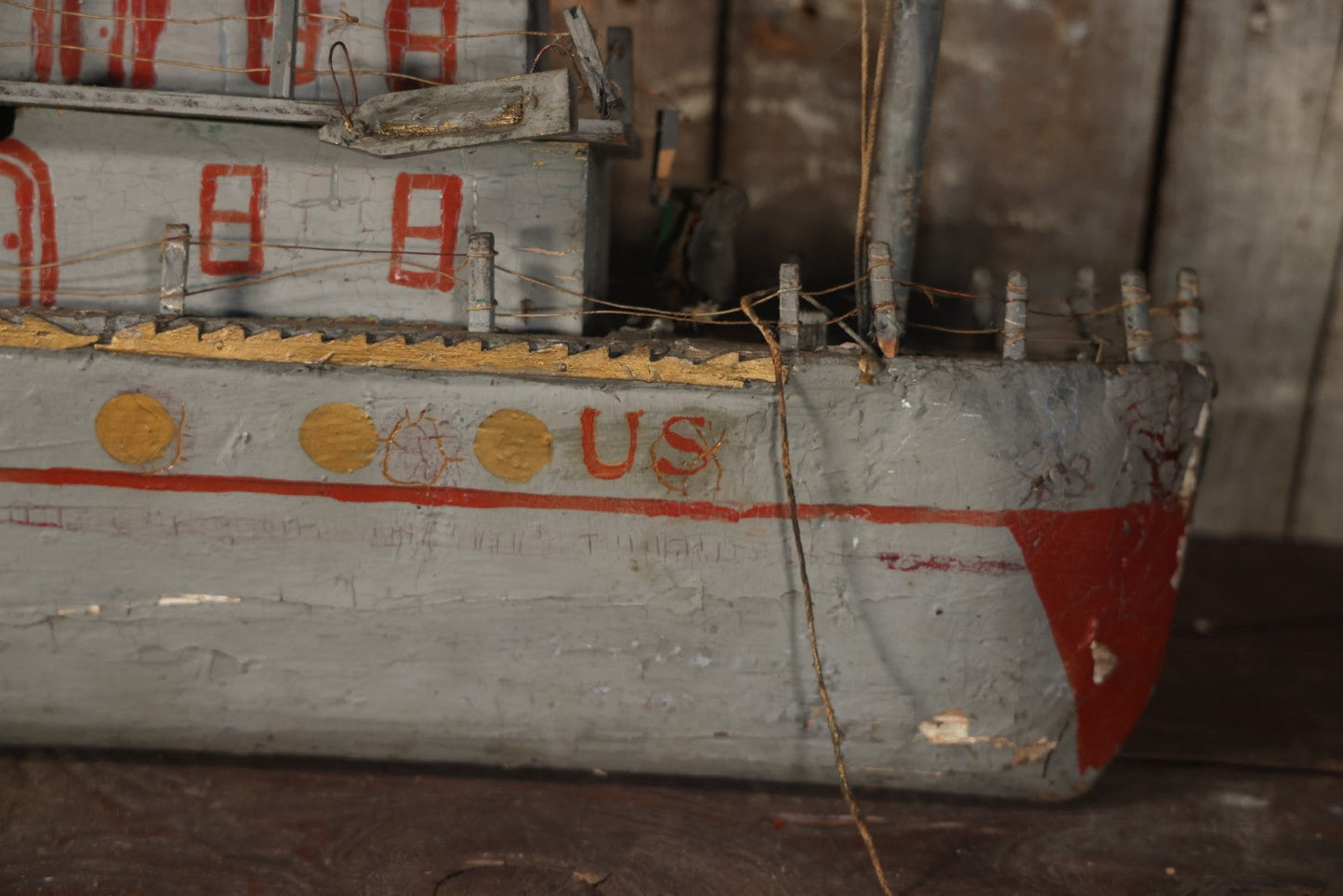 Antique Folk Art Wooden And Mixed Media Ship Boat Ocean Liner Model, Hand Crafted, Hand Painted, Note Heavy Wear