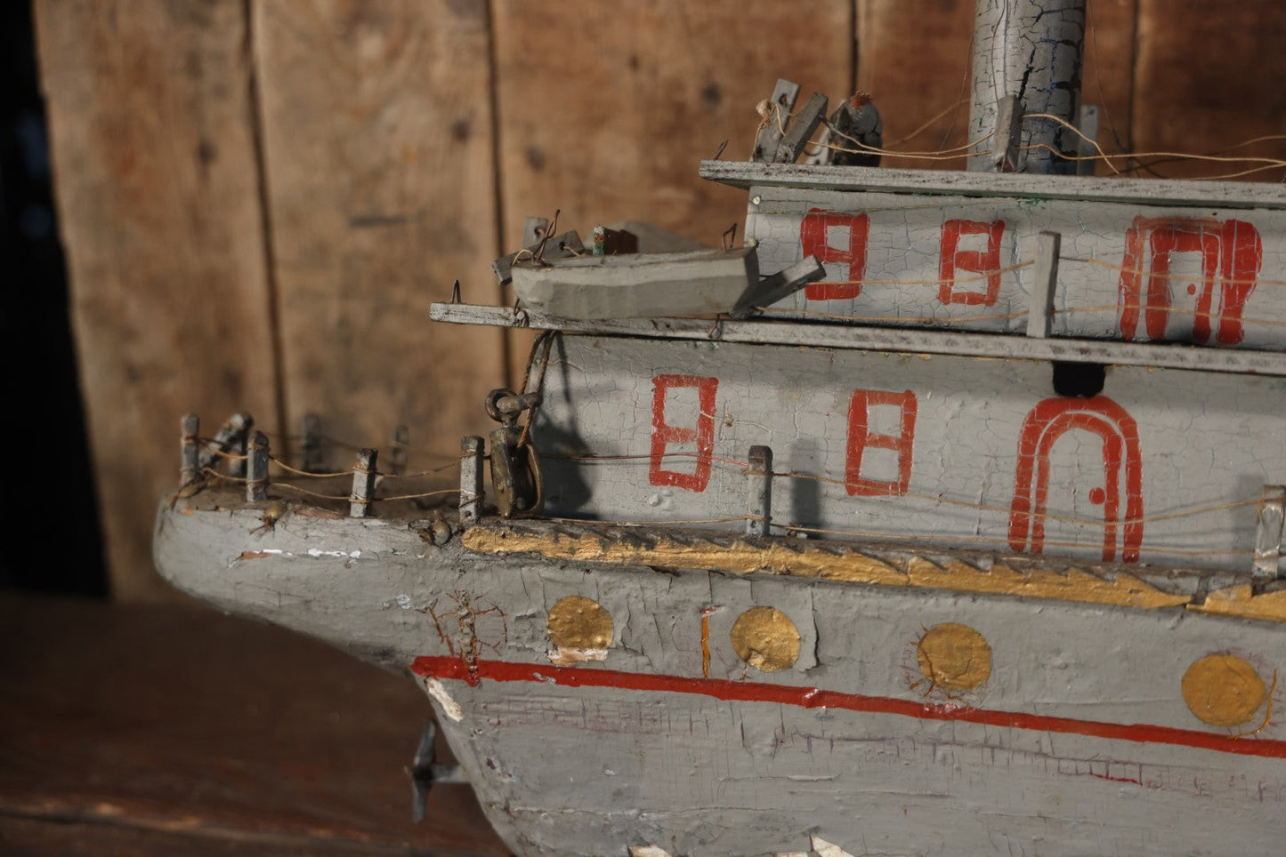 Antique Folk Art Wooden And Mixed Media Ship Boat Ocean Liner Model, Hand Crafted, Hand Painted, Note Heavy Wear