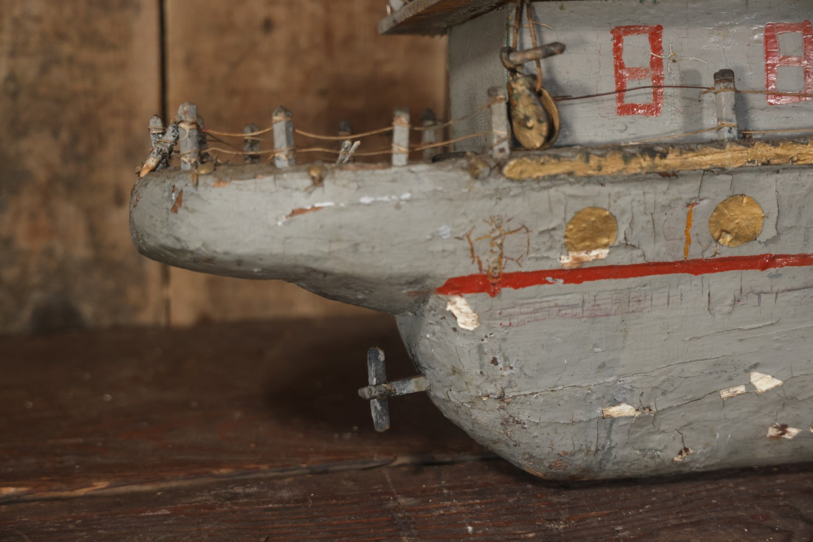 Antique Folk Art Wooden And Mixed Media Ship Boat Ocean Liner Model, Hand Crafted, Hand Painted, Note Heavy Wear