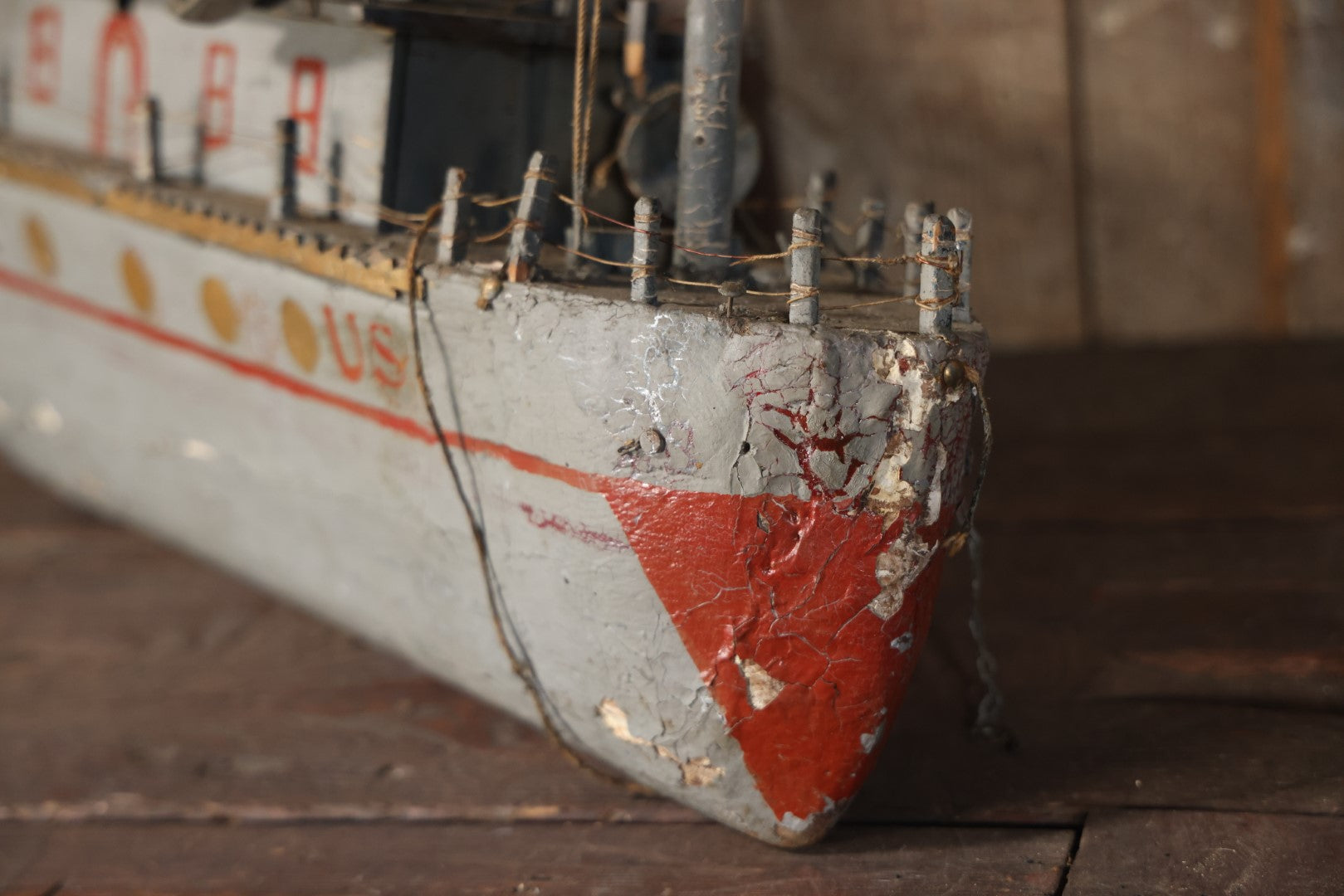 Antique Folk Art Wooden And Mixed Media Ship Boat Ocean Liner Model, Hand Crafted, Hand Painted, Note Heavy Wear