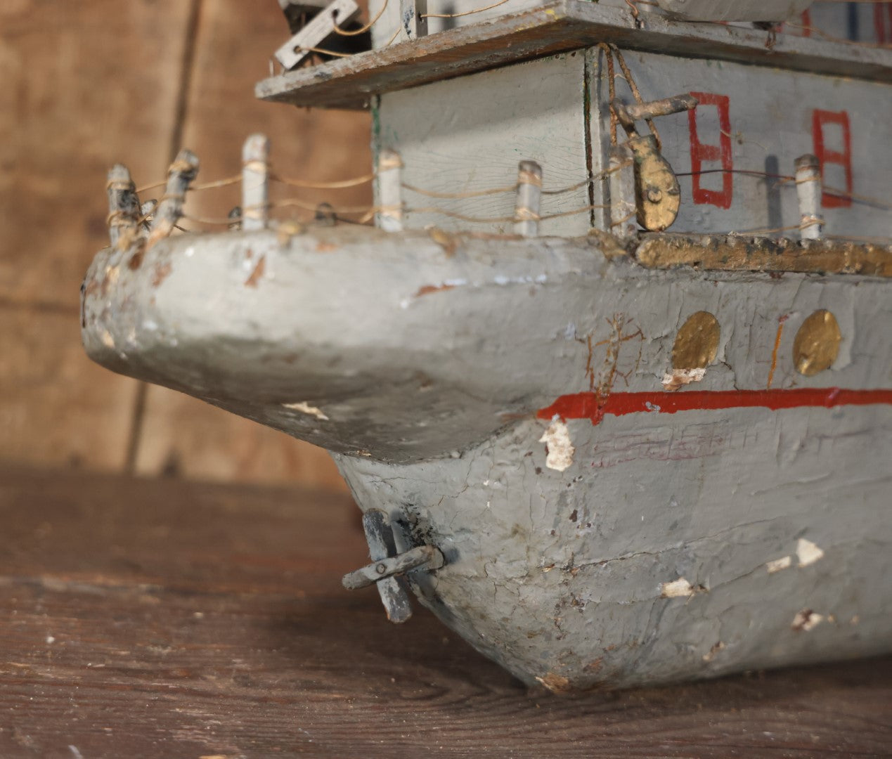 Antique Folk Art Wooden And Mixed Media Ship Boat Ocean Liner Model, Hand Crafted, Hand Painted, Note Heavy Wear