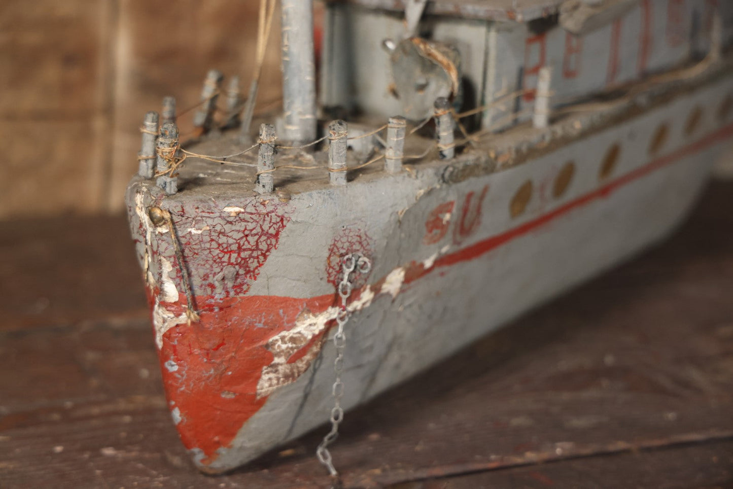 Antique Folk Art Wooden And Mixed Media Ship Boat Ocean Liner Model, Hand Crafted, Hand Painted, Note Heavy Wear