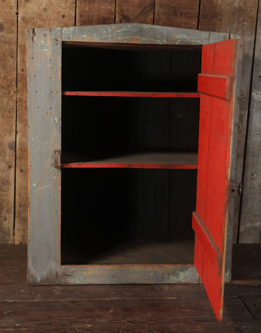 Antique Wooden Medium Sized Jelly Cupboard With Old Blue Gray Paint, Red Interior Paint, Two Shelves