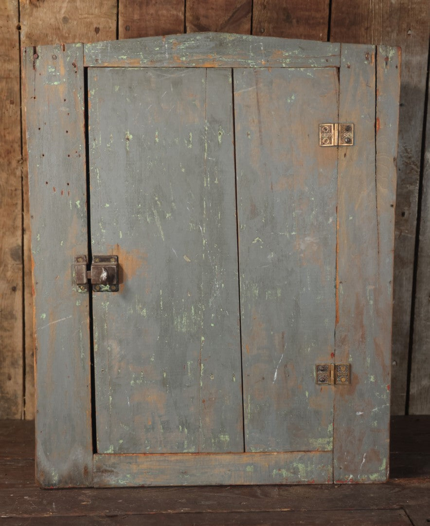 Antique Wooden Medium Sized Jelly Cupboard With Old Blue Gray Paint, Red Interior Paint, Two Shelves