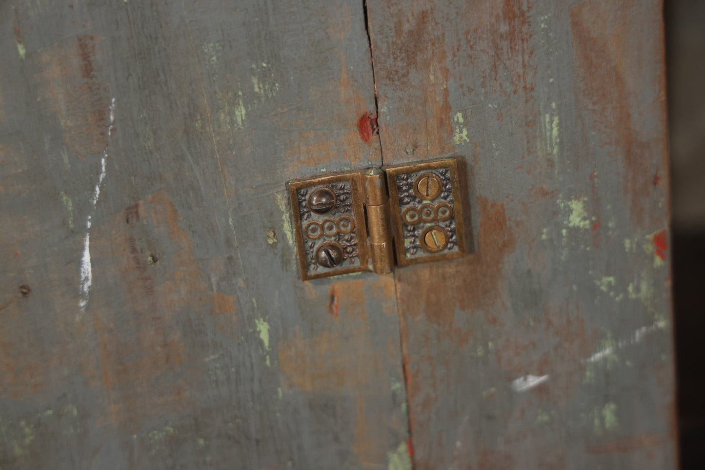 Antique Wooden Medium Sized Jelly Cupboard With Old Blue Gray Paint, Red Interior Paint, Two Shelves