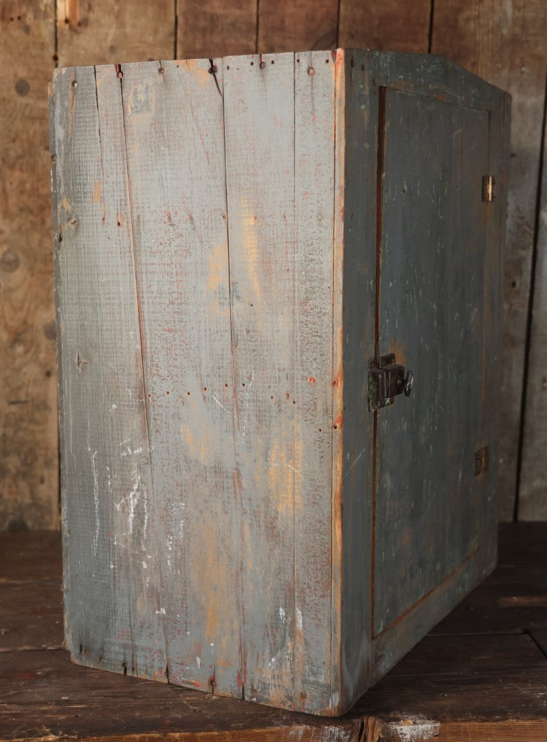 Antique Wooden Medium Sized Jelly Cupboard With Old Blue Gray Paint, Red Interior Paint, Two Shelves