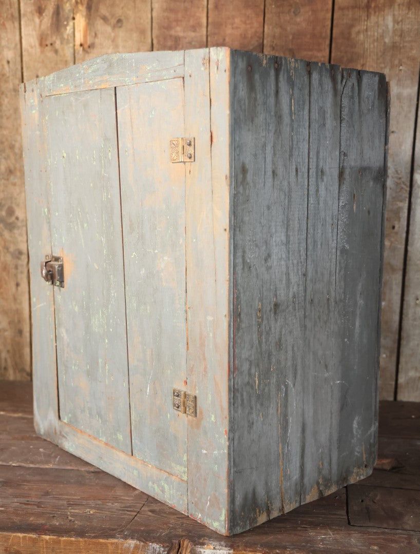 Antique Wooden Medium Sized Jelly Cupboard With Old Blue Gray Paint, Red Interior Paint, Two Shelves