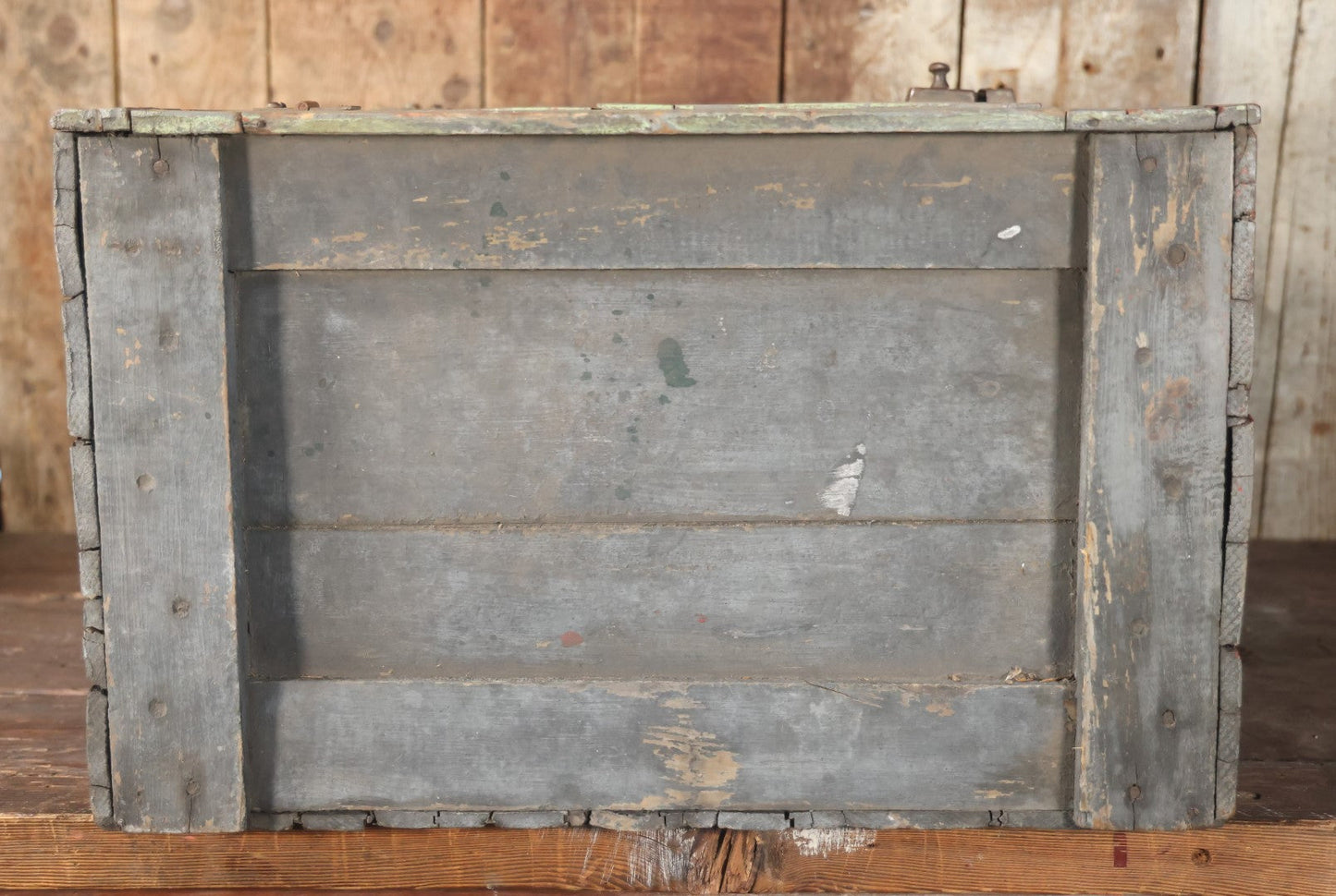 Antique Wooden Medium Sized Jelly Cupboard With Old Blue Gray Paint, Red Interior Paint, Two Shelves