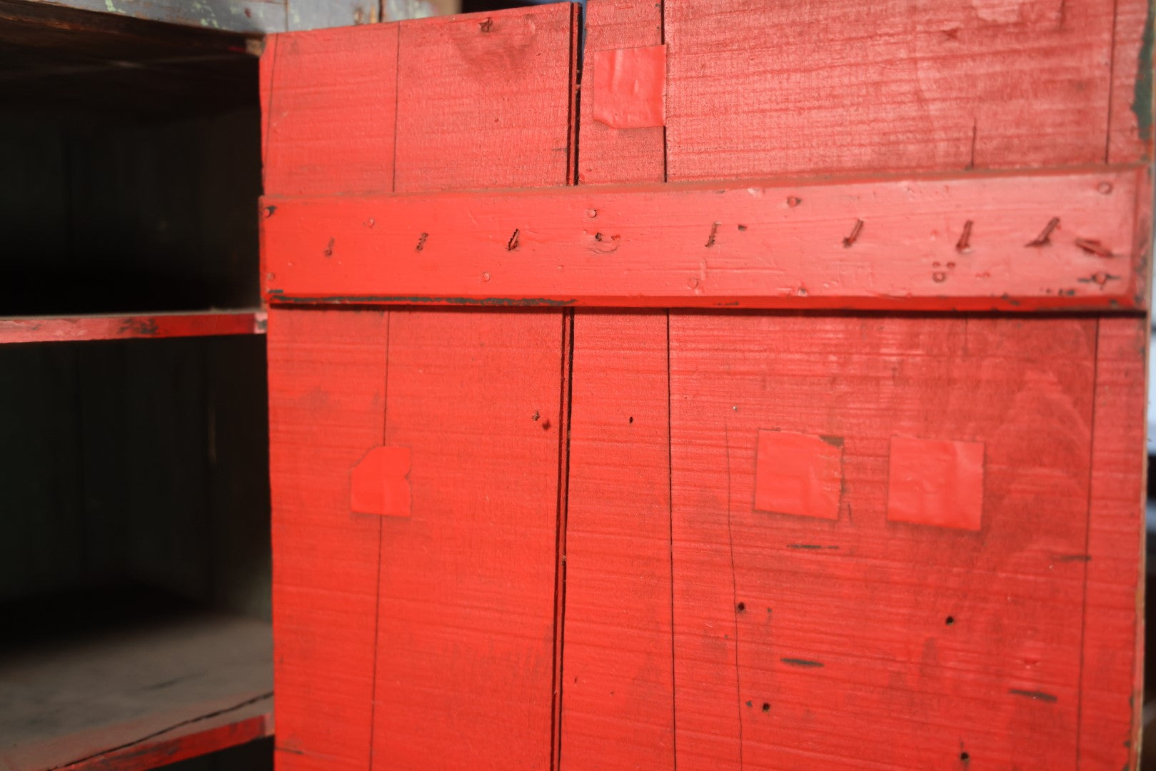 Antique Wooden Medium Sized Jelly Cupboard With Old Blue Gray Paint, Red Interior Paint, Two Shelves