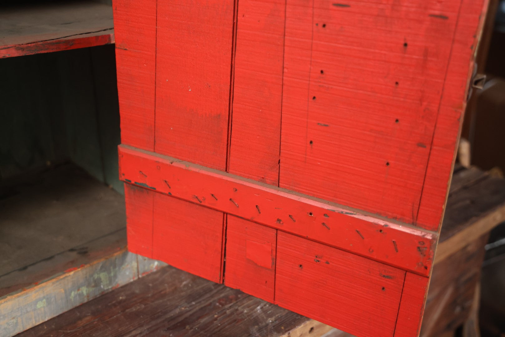 Antique Wooden Medium Sized Jelly Cupboard With Old Blue Gray Paint, Red Interior Paint, Two Shelves