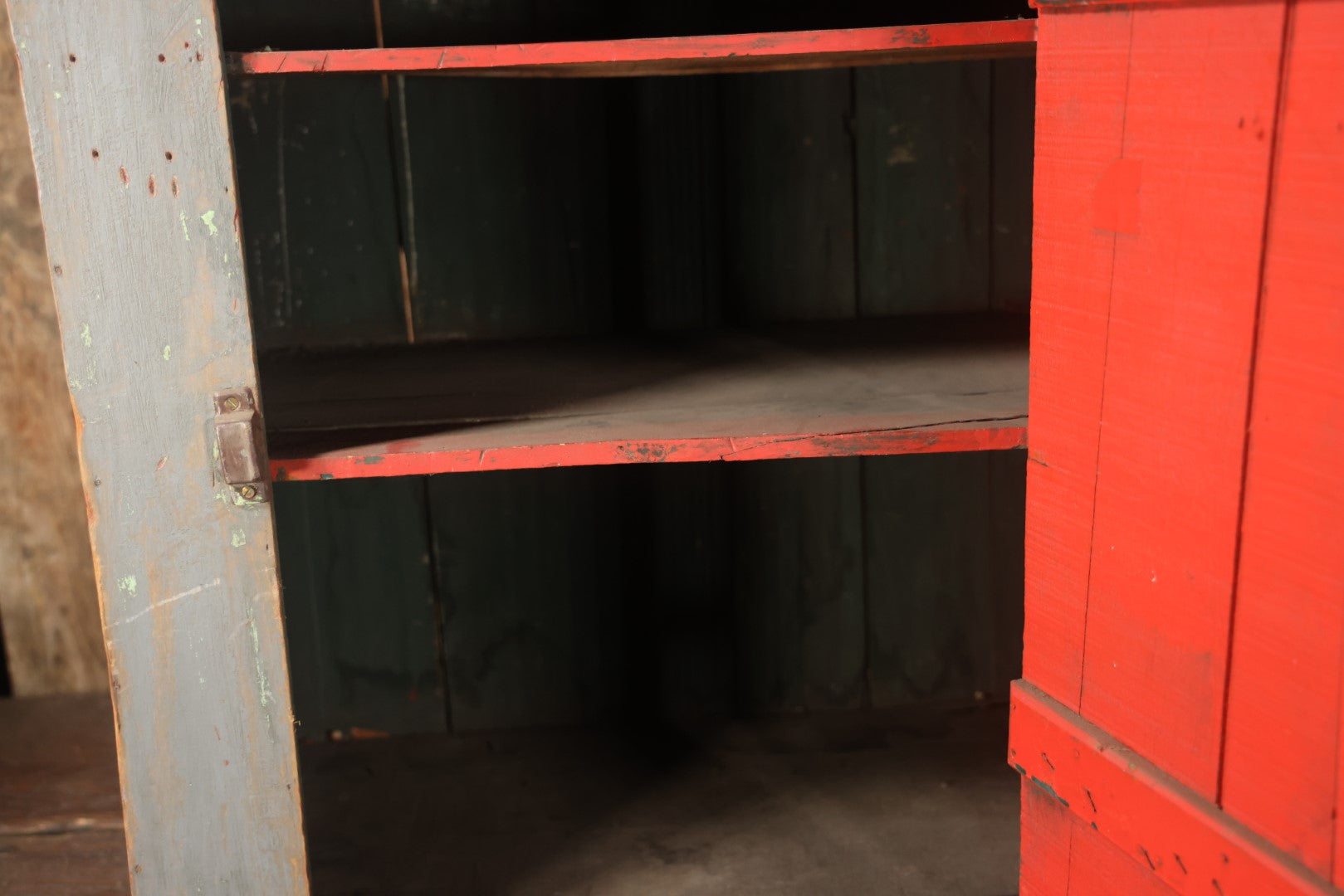 Antique Wooden Medium Sized Jelly Cupboard With Old Blue Gray Paint, Red Interior Paint, Two Shelves