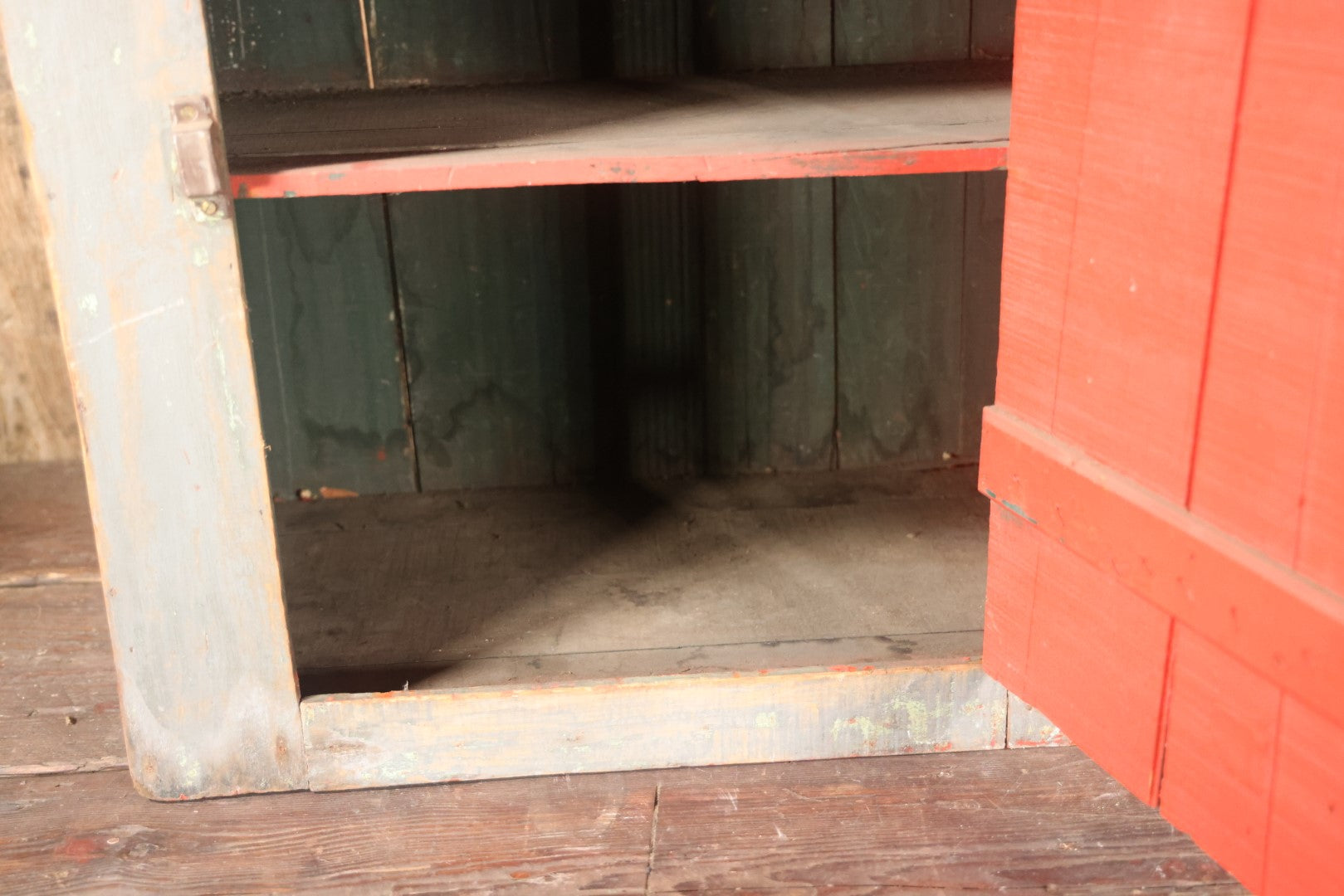 Antique Wooden Medium Sized Jelly Cupboard With Old Blue Gray Paint, Red Interior Paint, Two Shelves