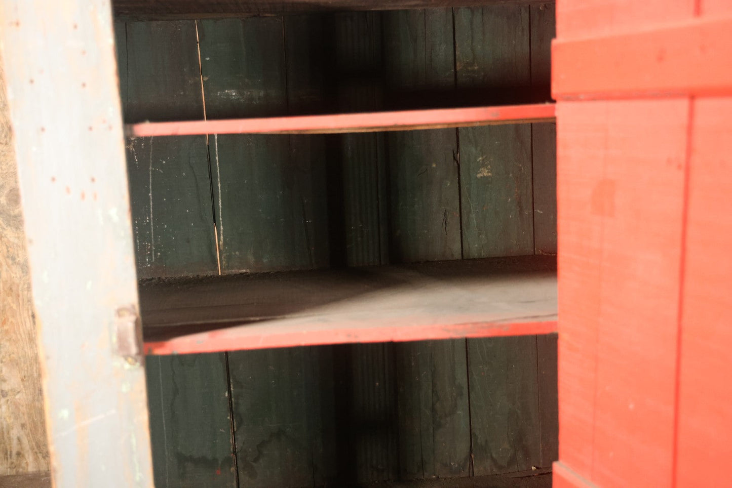 Antique Wooden Medium Sized Jelly Cupboard With Old Blue Gray Paint, Red Interior Paint, Two Shelves