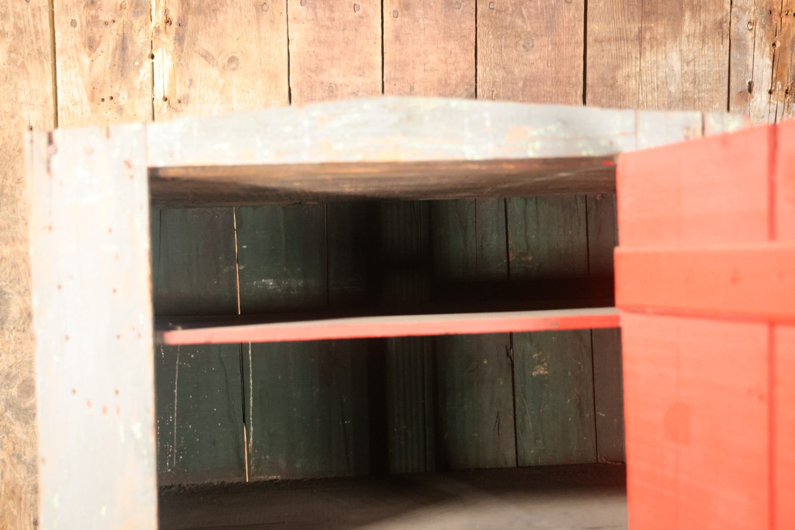 Antique Wooden Medium Sized Jelly Cupboard With Old Blue Gray Paint, Red Interior Paint, Two Shelves