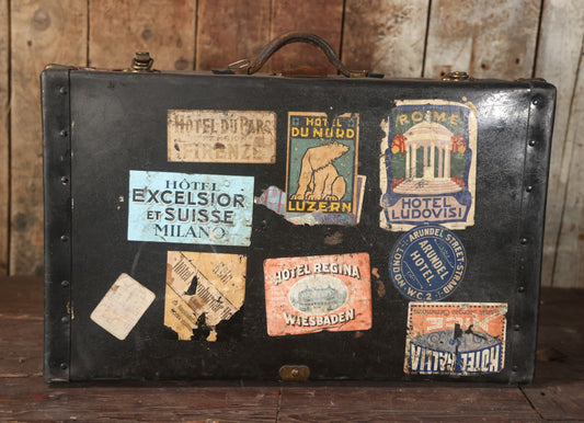 Antique Travel Trunk Suitcase With Numerous Souvenir Travel Labels, Belonged To Alma E. Sweet Of Milford, Massachusetts, Hand Painted I.D., Made By Warren Leather Goods, Worcester, Massachusetts