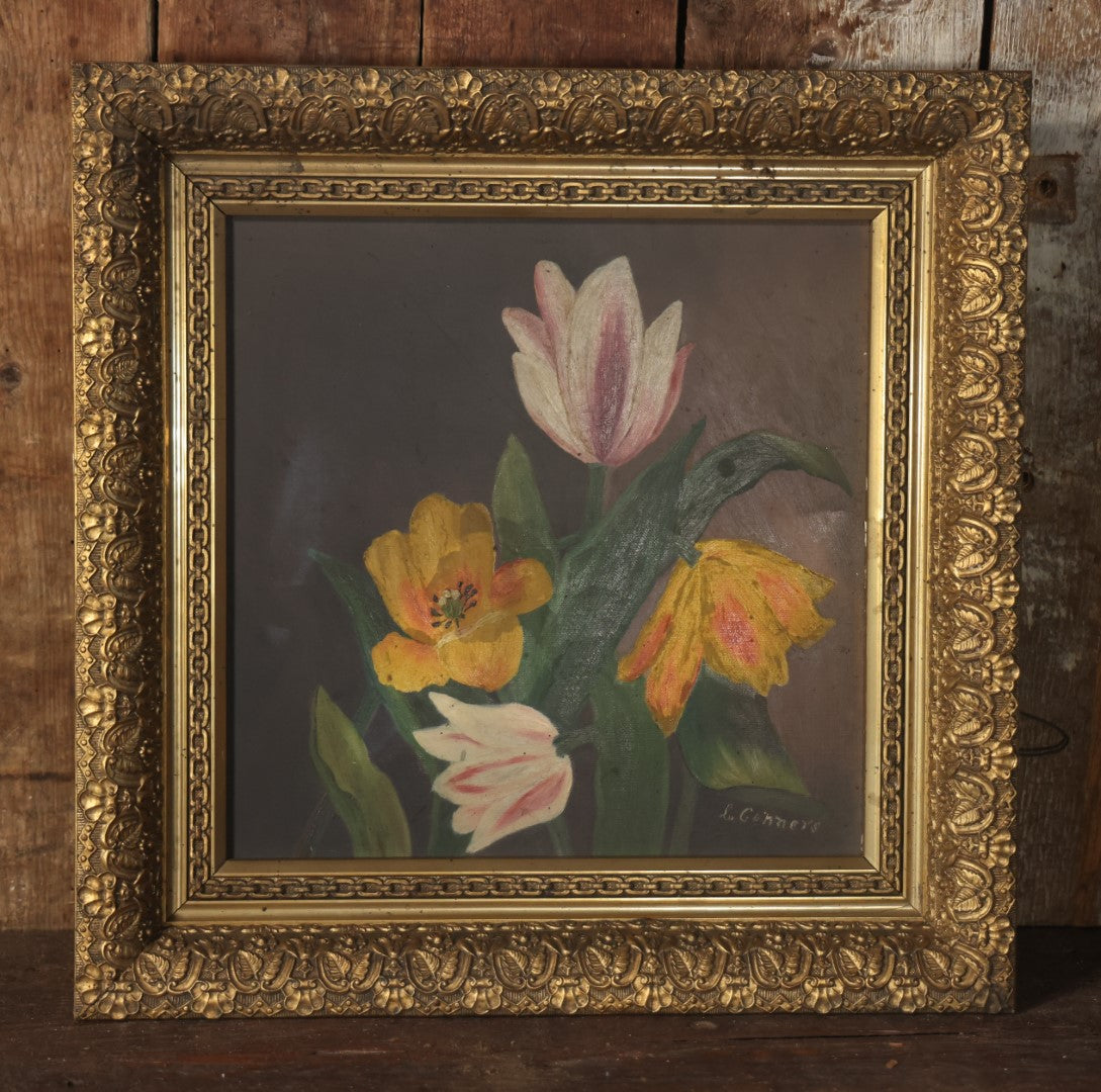 Antique Oil On Canvas Floral Still Life Flowers Painting, Pink, Yellow, Orange Flowers, Artist Signed L. Conners, In Ornate Gilt Frame